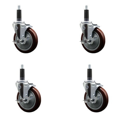 Service Caster 5'' Maroon Poly Swivel 1'' Expanding Stem Caster Set with Brake, 4PK SCC-EX20S514-PPUB-MRN-TLB-1-4